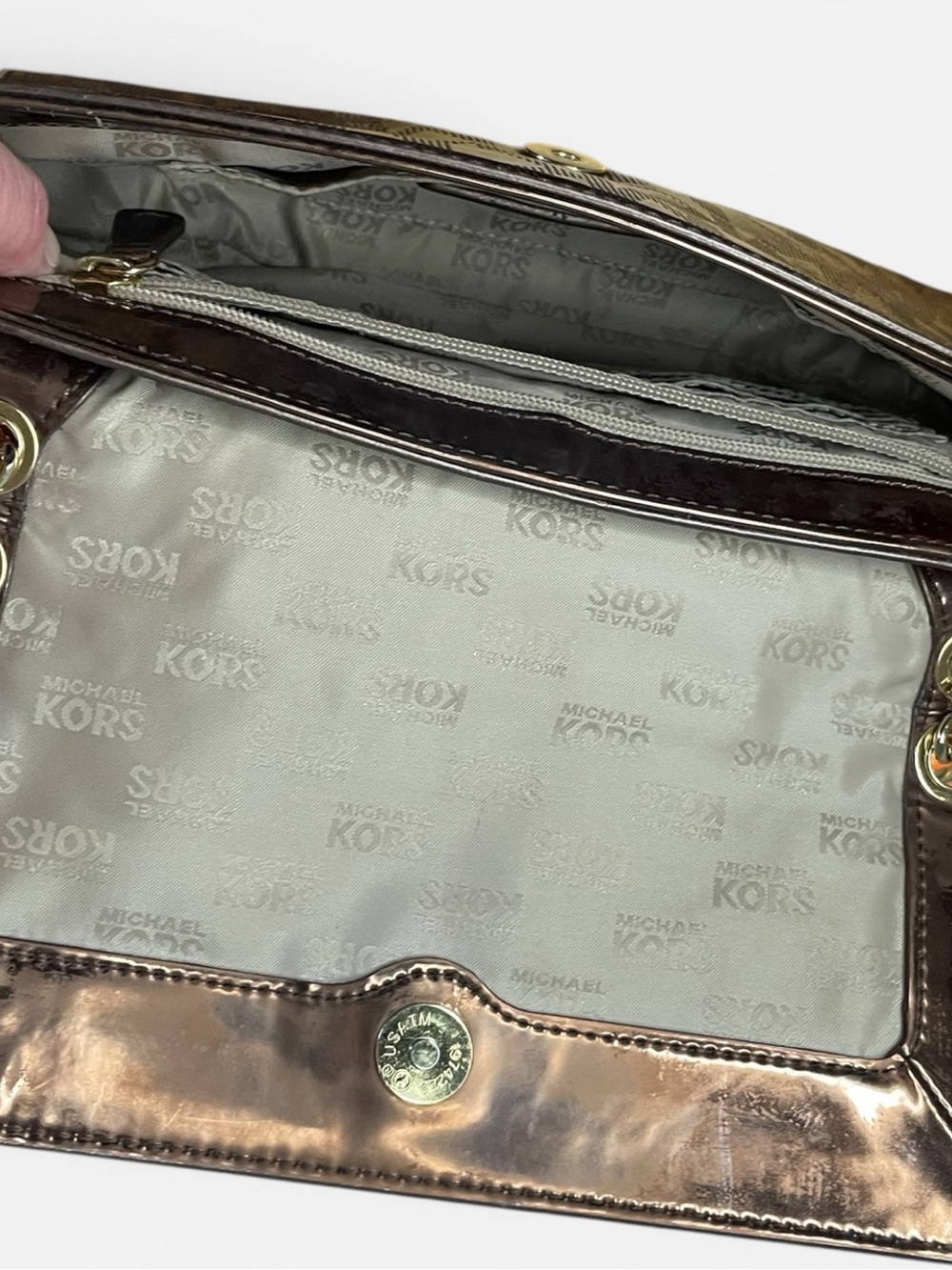 Michael Kors Metallic Bronze Perforated Logo Chain Shoulder Bag - Picture 11 of 16